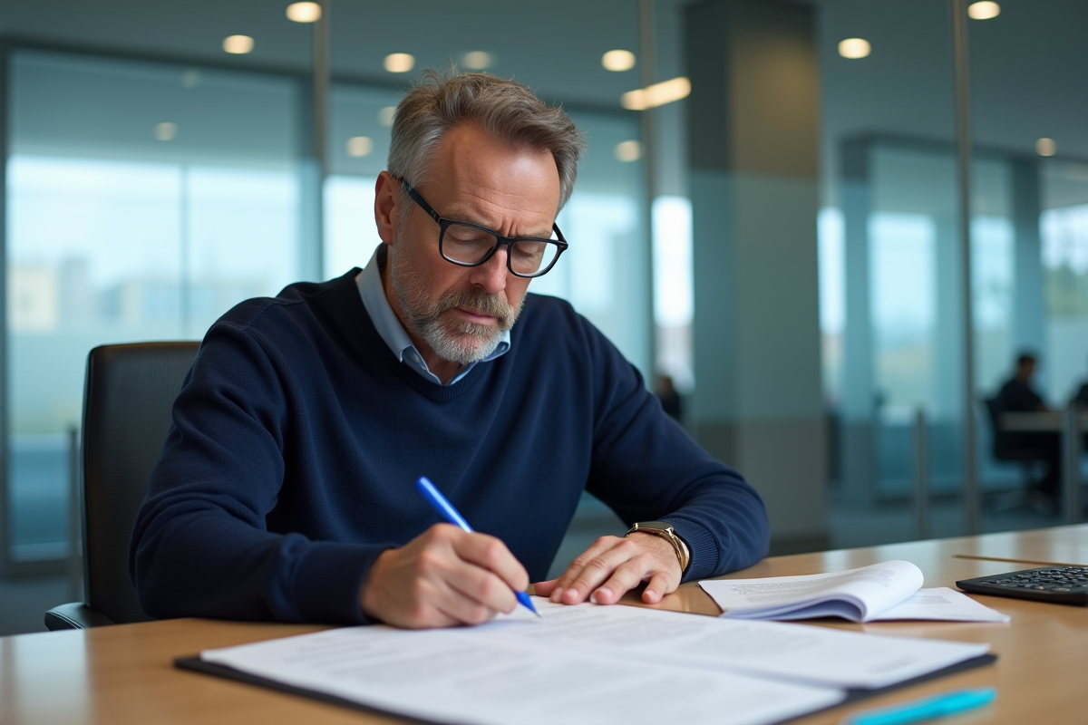 Homme en réunion annotant des documents dans une salle de conférence