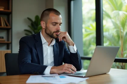 Homme français en bureau à Chiang Mai analysant SEO