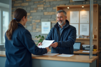 Homme d'âge moyen souriant remettant un formulaire signé à la réception