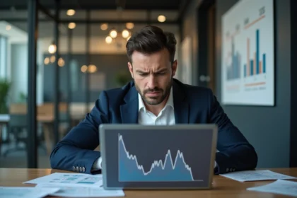 Homme stressé regardant un graphique en baisse sur son ordinateur