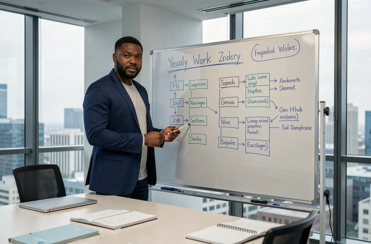Professionnel masculin présentant un planning annuel de jours ouvrés sur un tableau blanc en salle de réunion