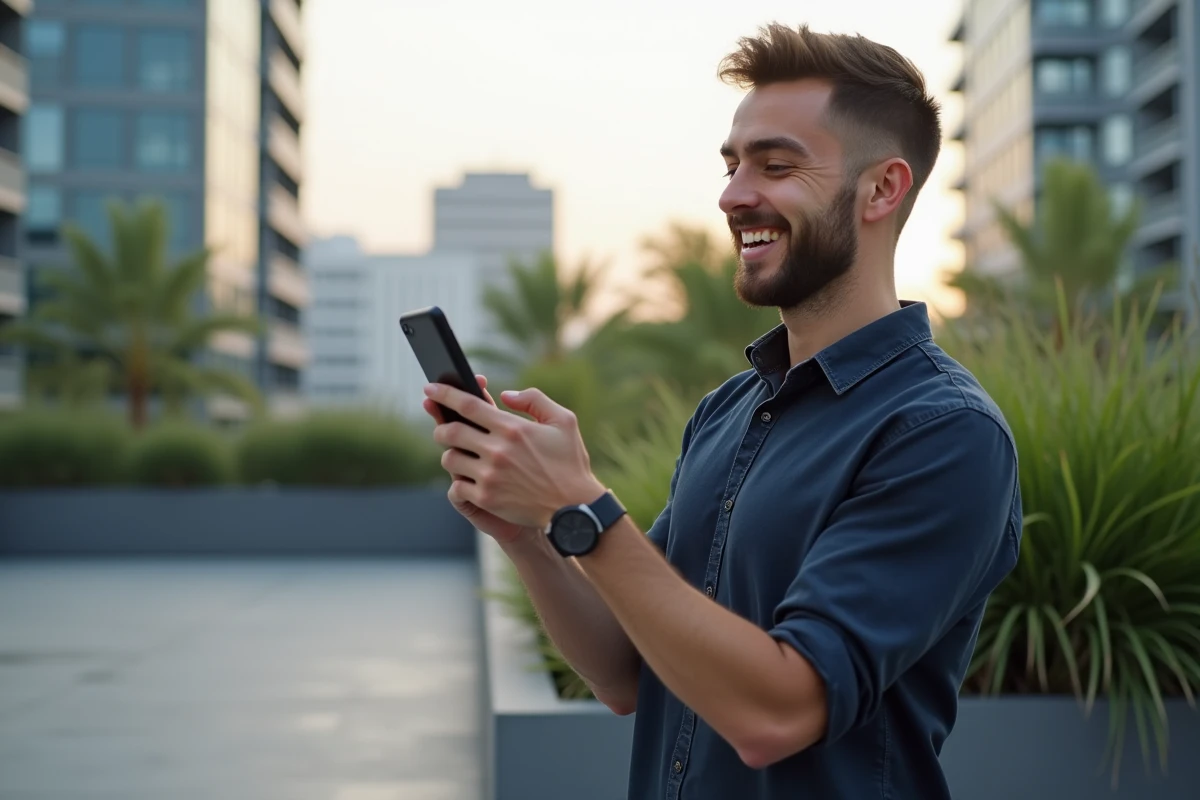 Jeune homme regardant une vidéo sur smartphone sur un rooftop urbain