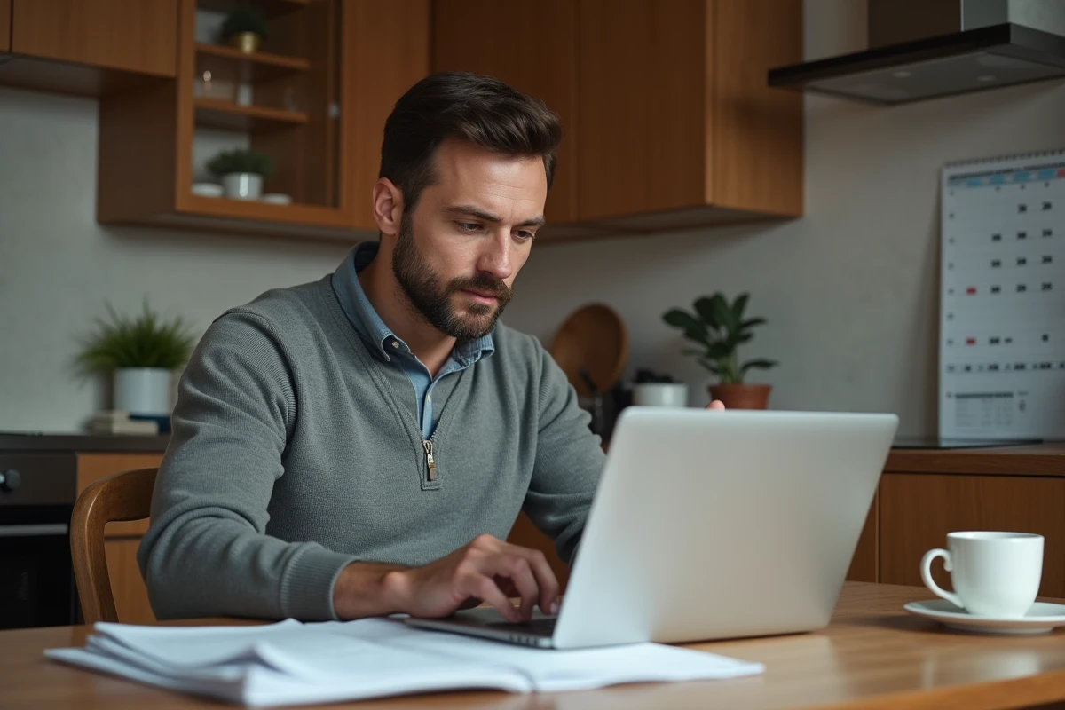 Homme au domicile examinant une lettre sur son ordinateur portable