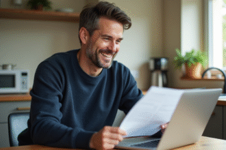 Homme d'affaires dans sa cuisine moderne et lumineuse