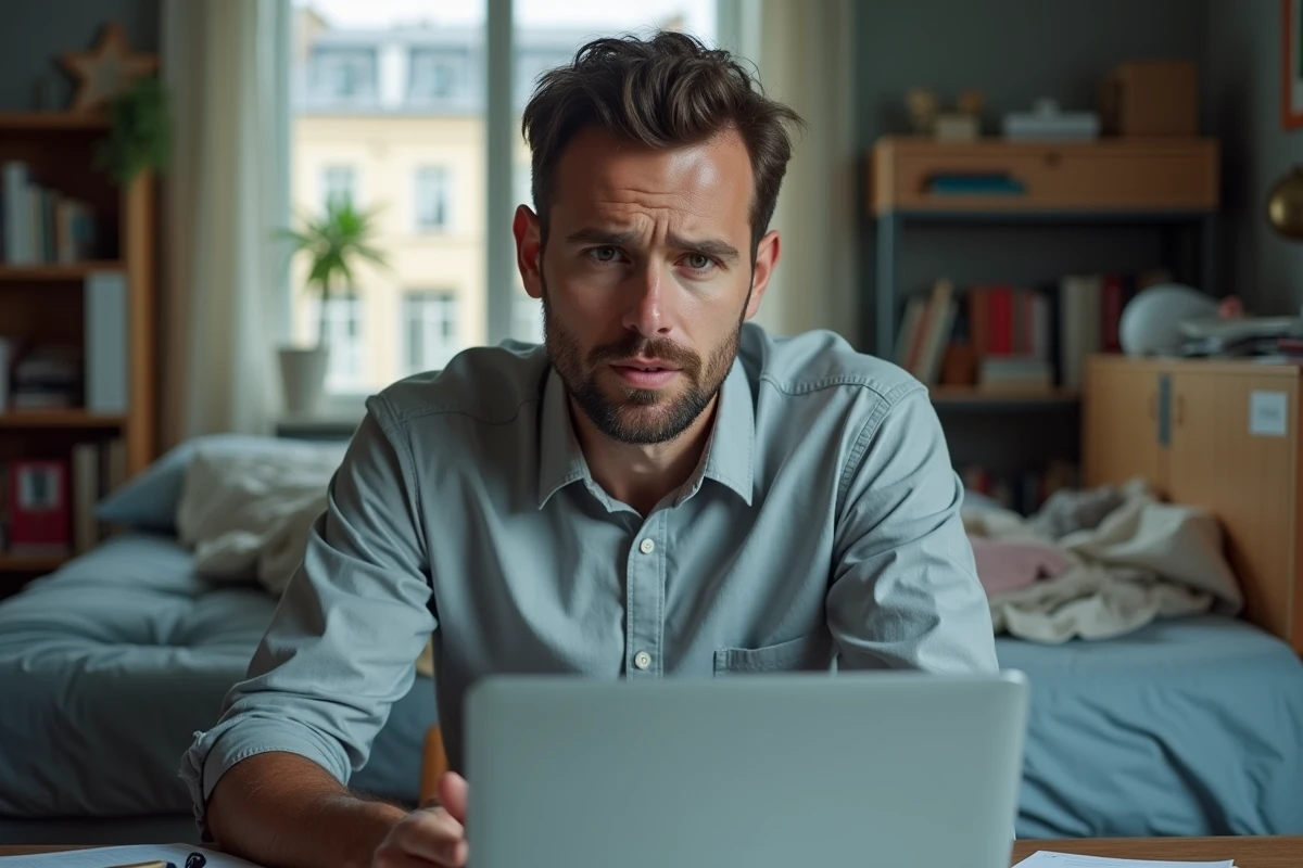 Homme en visioconférence depuis son domicile avec un environnement désordonné, illustrant les erreurs à éviter en entretien d'embauche full remote