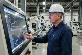 Ingénieur industriel analysant des données de production en temps réel sur un panneau de contrôle tactile dans une usine automobile moderne