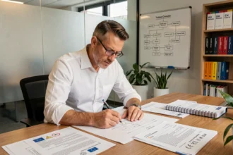 Ingénieur annoter des documents de dossier technique de construction pour la conformité CE dans un bureau moderne