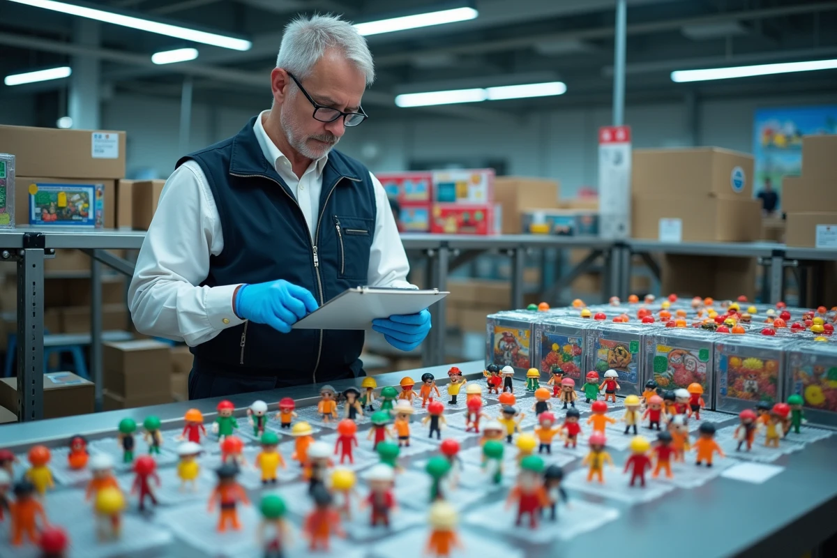 Inspecteur de production vérifiant des jouets Playmobil emballés sur une table de tri en acier inoxydable avec des certifications de sécurité européennes en arrière-plan