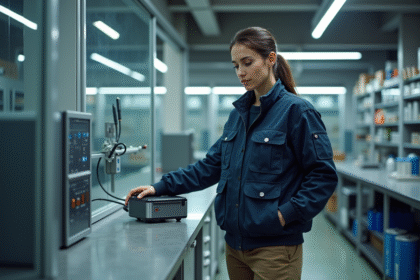 Jeune ingénieure en laboratoire surveillant une unité d'énergie