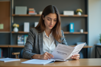 Jeune femme en classe universitaire consulte des brochures diplomas