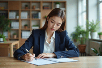 Jeune femme en bureau rédigeant une lettre à la main