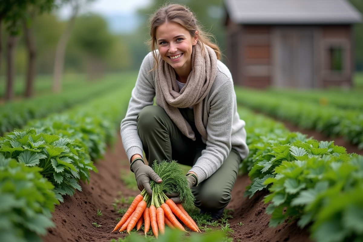 Jeune femme récoltant des carottes dans un jardin
