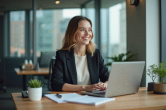 Jeune femme professionnelle souriante au bureau avec ordinateur