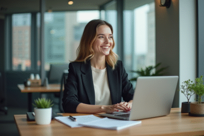 Jeune femme professionnelle souriante au bureau avec ordinateur