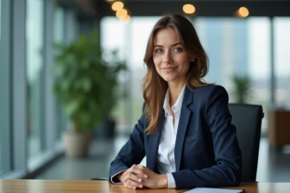 Jeune femme professionnelle en bureau moderne avec vue urbaine