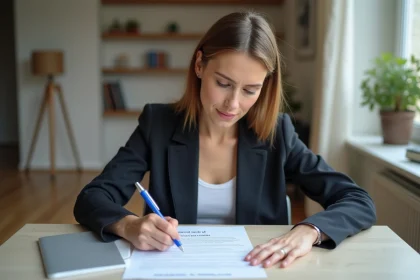 Jeune femme signant un contrat de location dans un appartement moderne