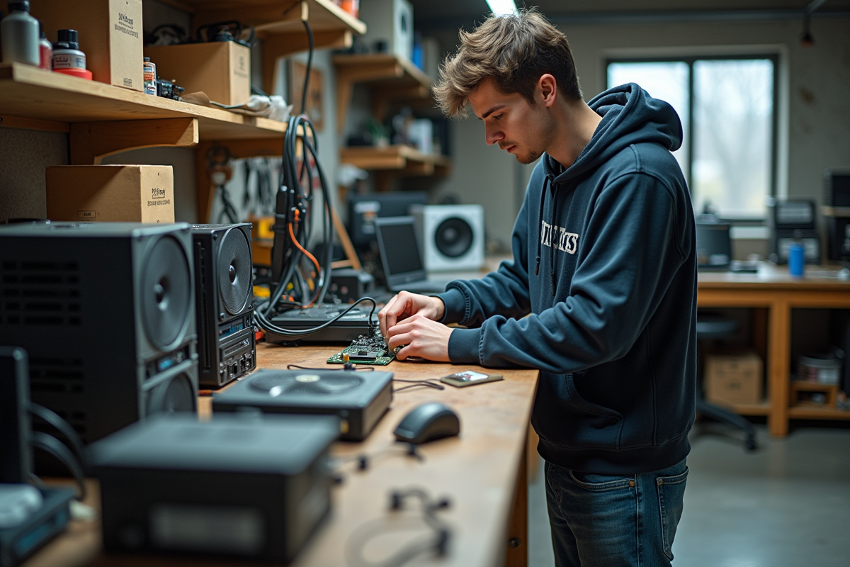 Jeune homme en casual assembleant des appareils électroniques