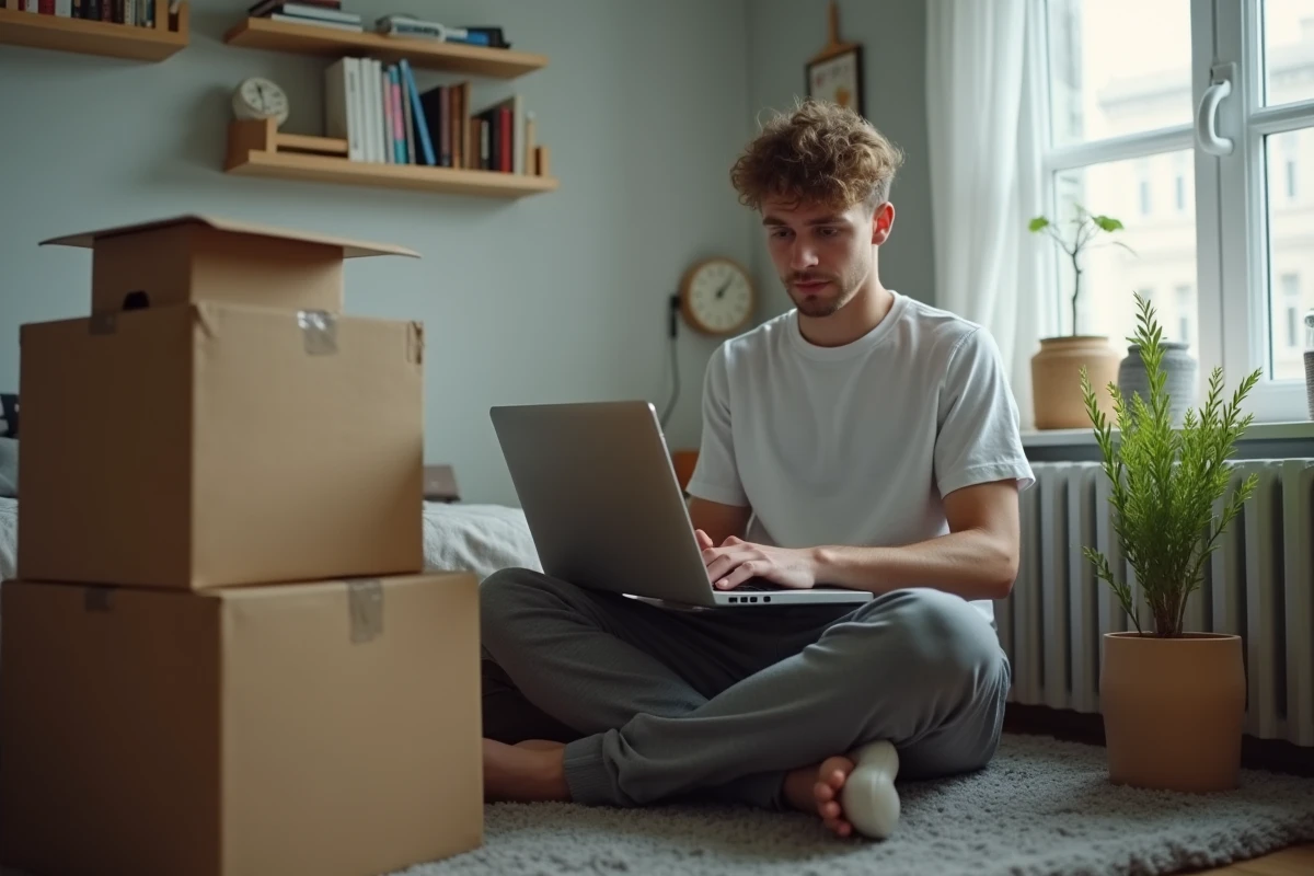 Jeune homme regardant un ordinateur dans une chambre moderne