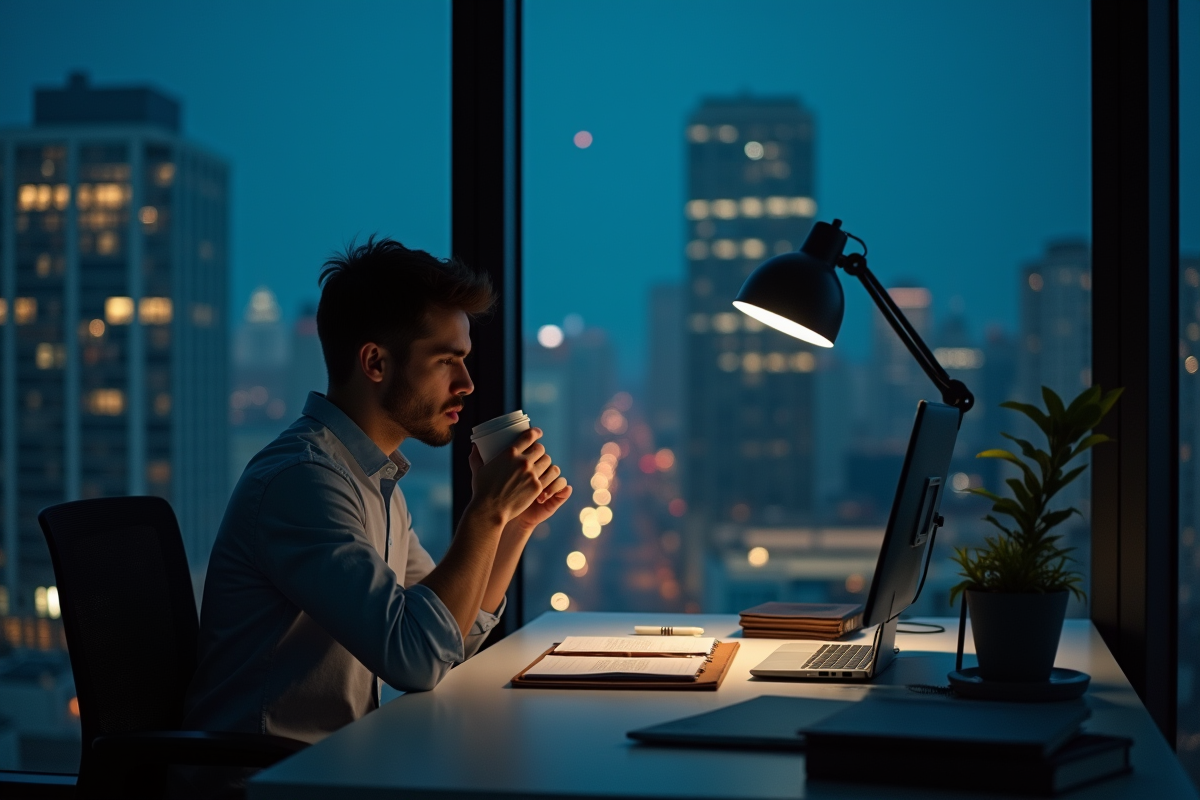 Jeune homme au bureau la nuit buvant un café