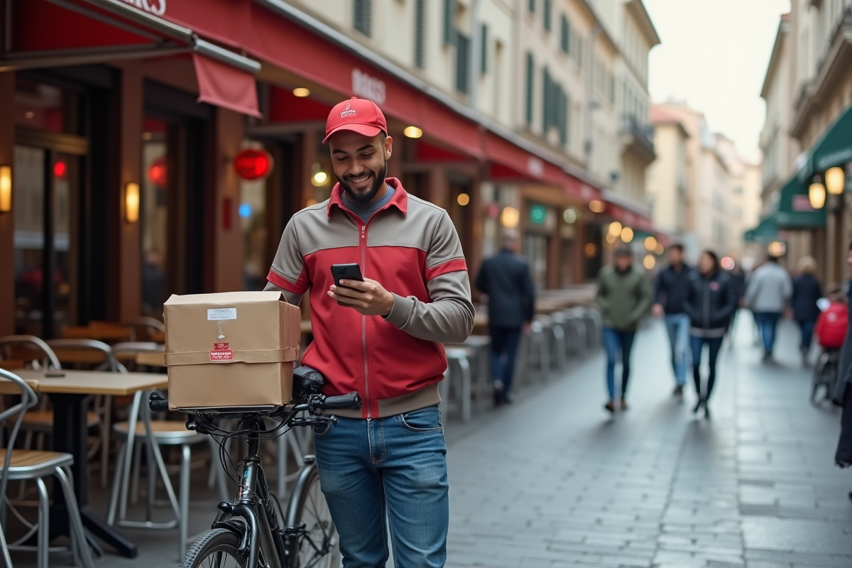 Jeune homme en livraison vérifiant son smartphone dans la rue