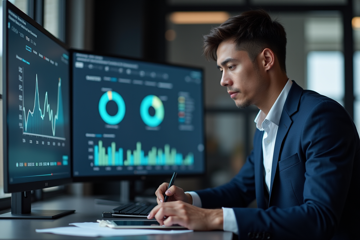 Jeune responsable marketing analysant données sur tableau digital