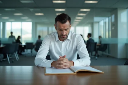 Homme en chemise blanche assis seul dans une salle de réunion d'entreprise, documents devant lui, expression préoccupée illustrant un licenciement pour faute lourde