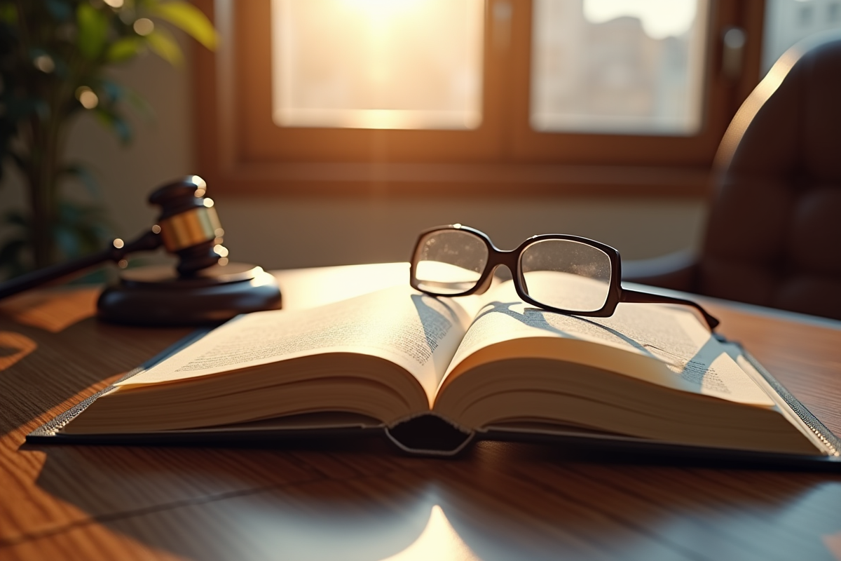 Livre de droit ouvert avec une règle et des lunettes sur un bureau en bois