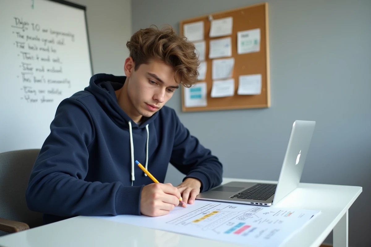 Lycéen révisant une fiche mémo sur le secteur tertiaire dans sa chambre