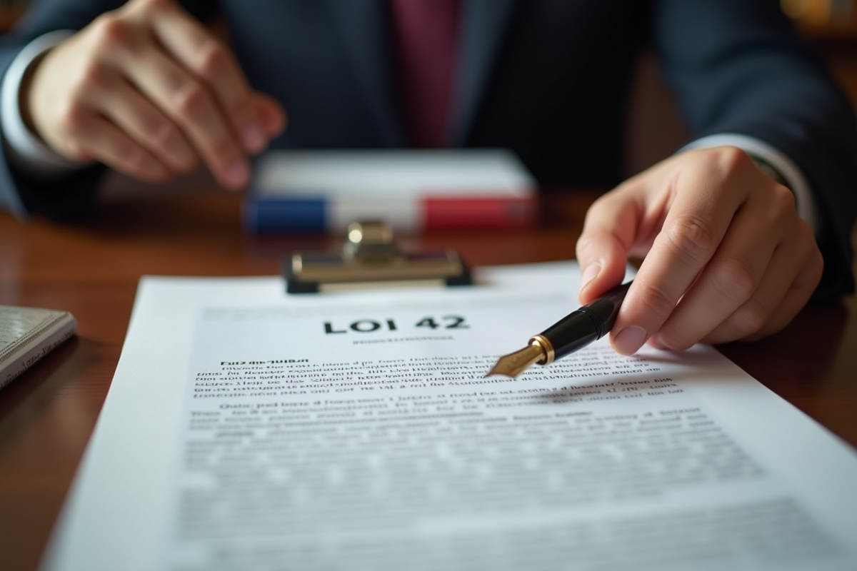 Mains tenant un document loi 42 avec stylo et livres juridiques en arrière-plan