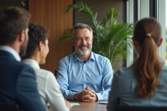 Manager en réunion avec employés dans un bureau moderne