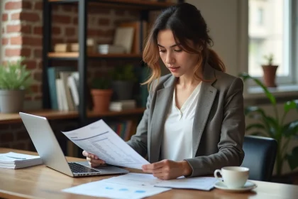 Micro-entrepreneuse en croissance consultant ses documents d'assurance entreprise à son bureau à domicile