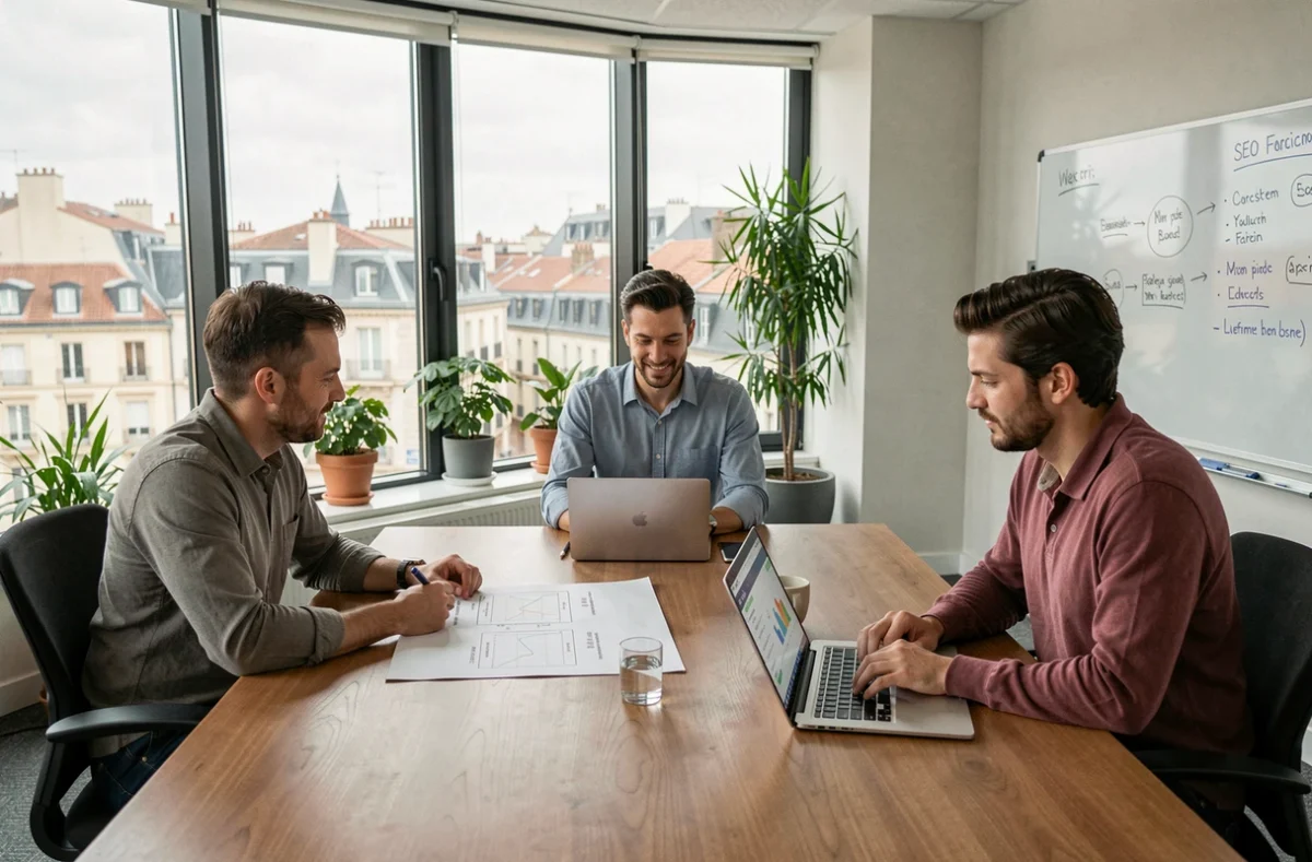 L'équipe de Natural-Net, agence web et SEO à Bordeaux, en réunion stratégique autour de maquettes de sites et de tableaux de bord SEO