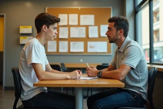 Jeune adolescent de 16 ans en entretien de négociation salariale avec un manager McDonald's dans un bureau de restauration rapide