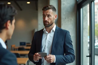 Professionnel en réunion de networking B2B dans un espace de coworking moderne, tenant une carte de visite lors d'une conversation d'affaires