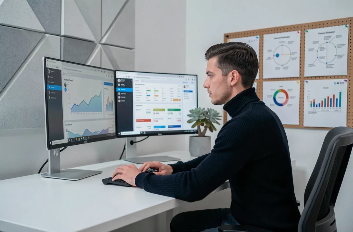 Stratège digital de Nobilito Rouen analysant des données de marketing multicanal sur deux écrans dans un espace de travail minimaliste contemporain