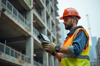 Ouvrier de construction inspectant un appareil Myextrabat sur un chantier