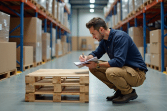 Homme en tenue de travail note des calculs dans un entrepôt moderne