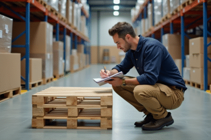 Homme en tenue de travail note des calculs dans un entrepôt moderne