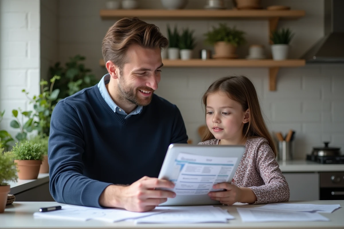 Père et fille examinant des documents de voyage