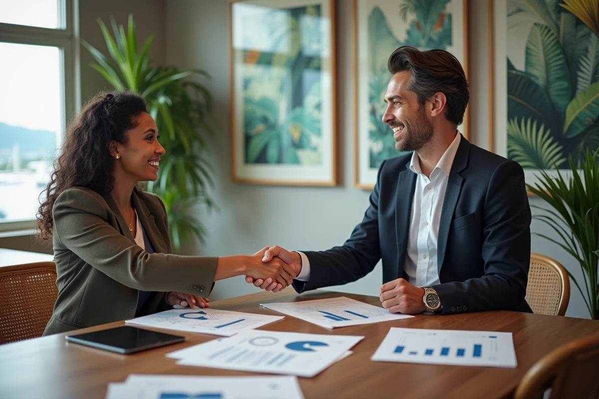 Poignée de main entre partenaires commerciaux dans un espace de coworking en Polynésie française illustrant les opportunités de partenariat outre-mer