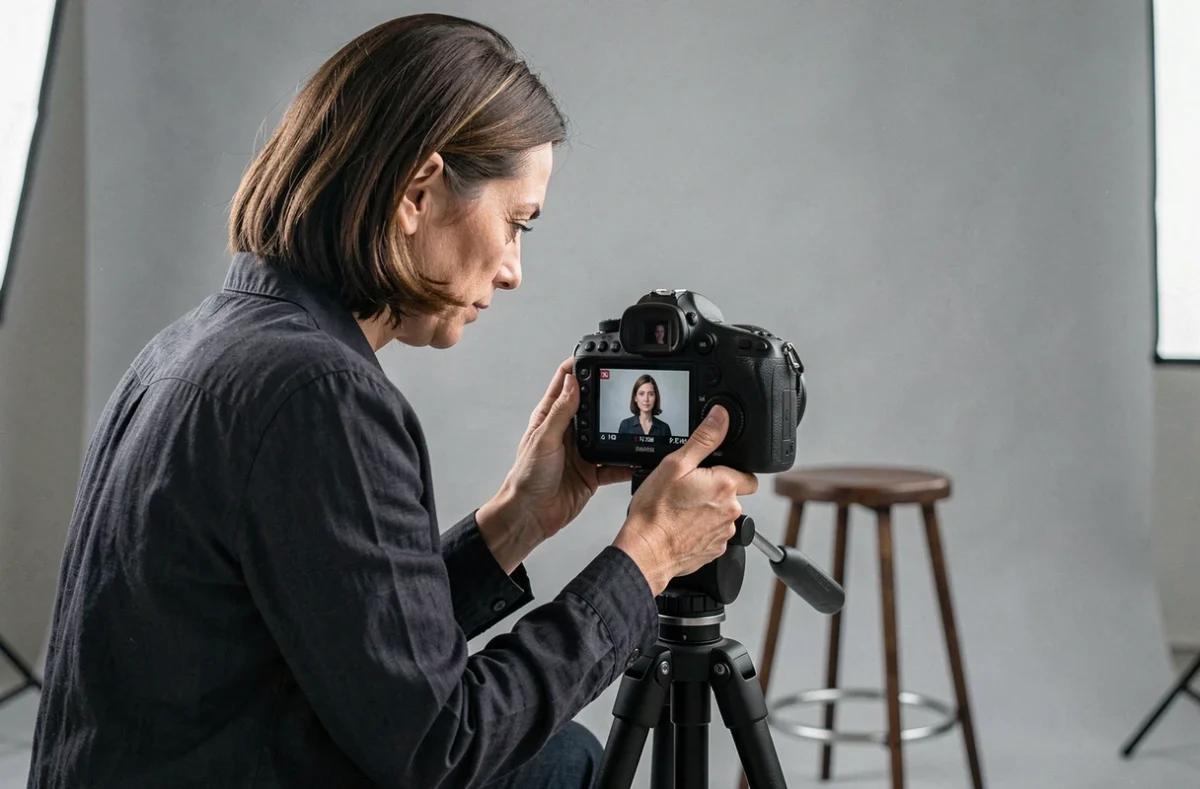 Photographe professionnelle en studio examinant un portrait de CV sur l'écran LCD de son appareil photo reflex devant un fond gris