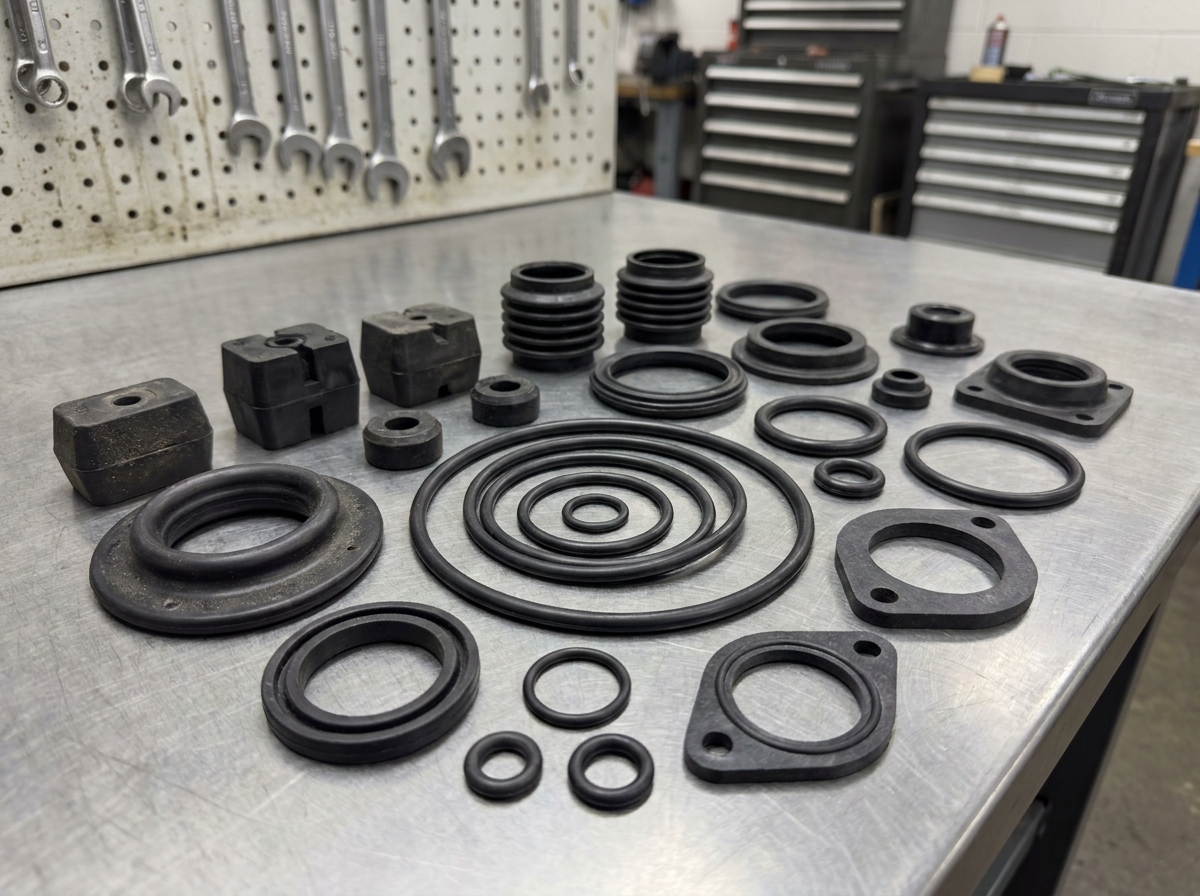Assortiment de pièces en caoutchouc industrielles disposées sur un établi en acier en atelier