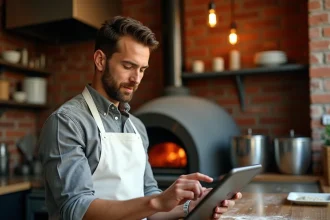 Pizzaiolo consultant une application de commande en ligne sur tablette dans sa cuisine de vente à emporter