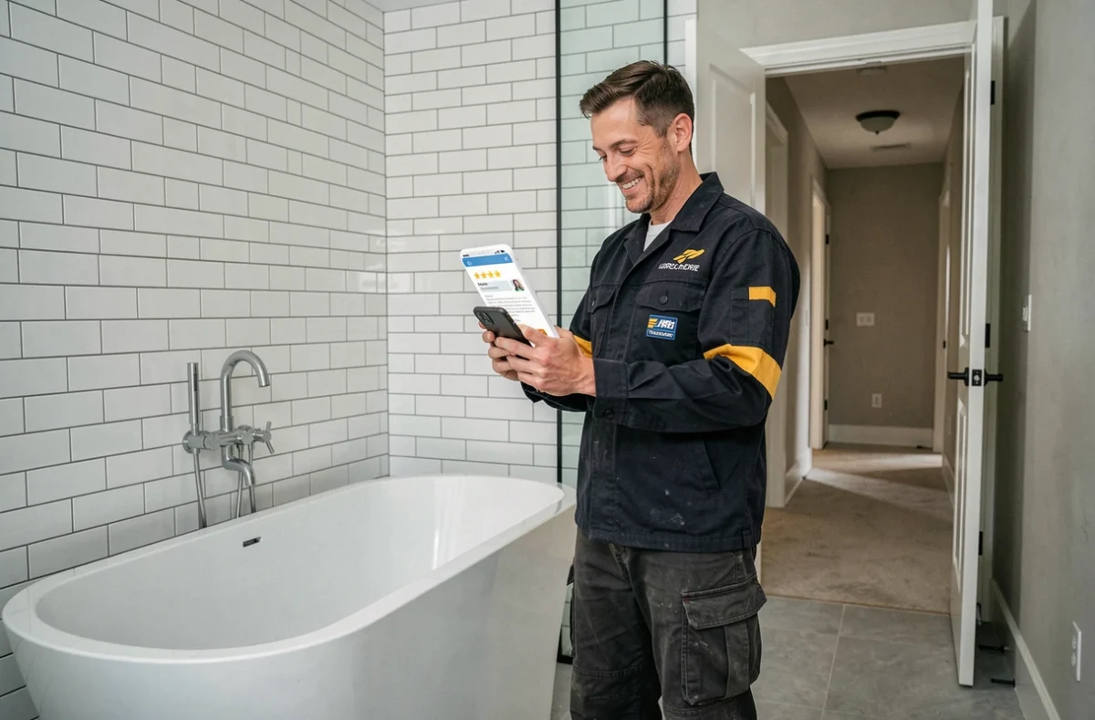 Plombier artisan satisfait affichant un avis client positif dans une salle de bain rénovée, illustrant la fidélisation client sans réduction de tarif
