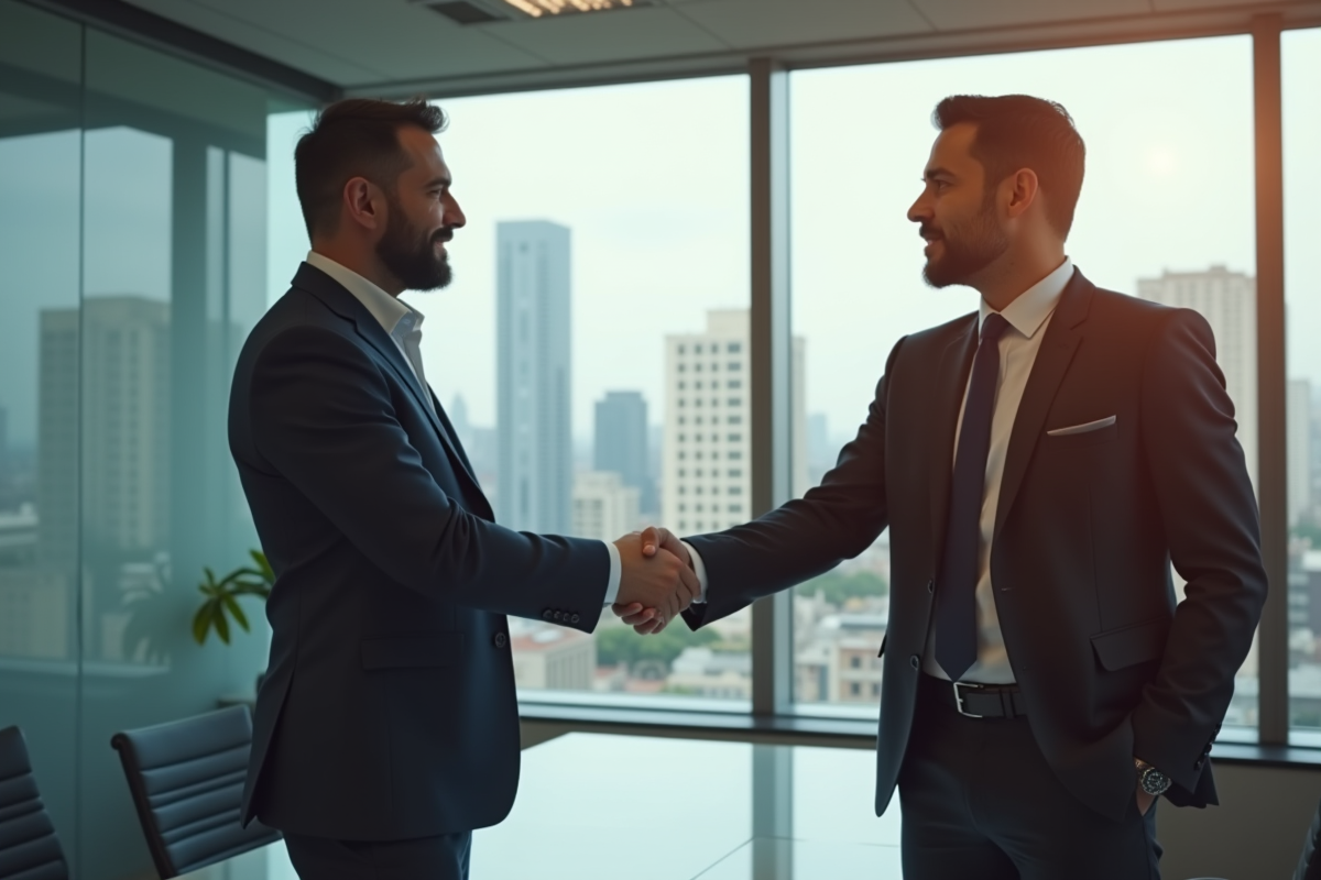 Échange de poignée de main entre deux professionnels en réunion