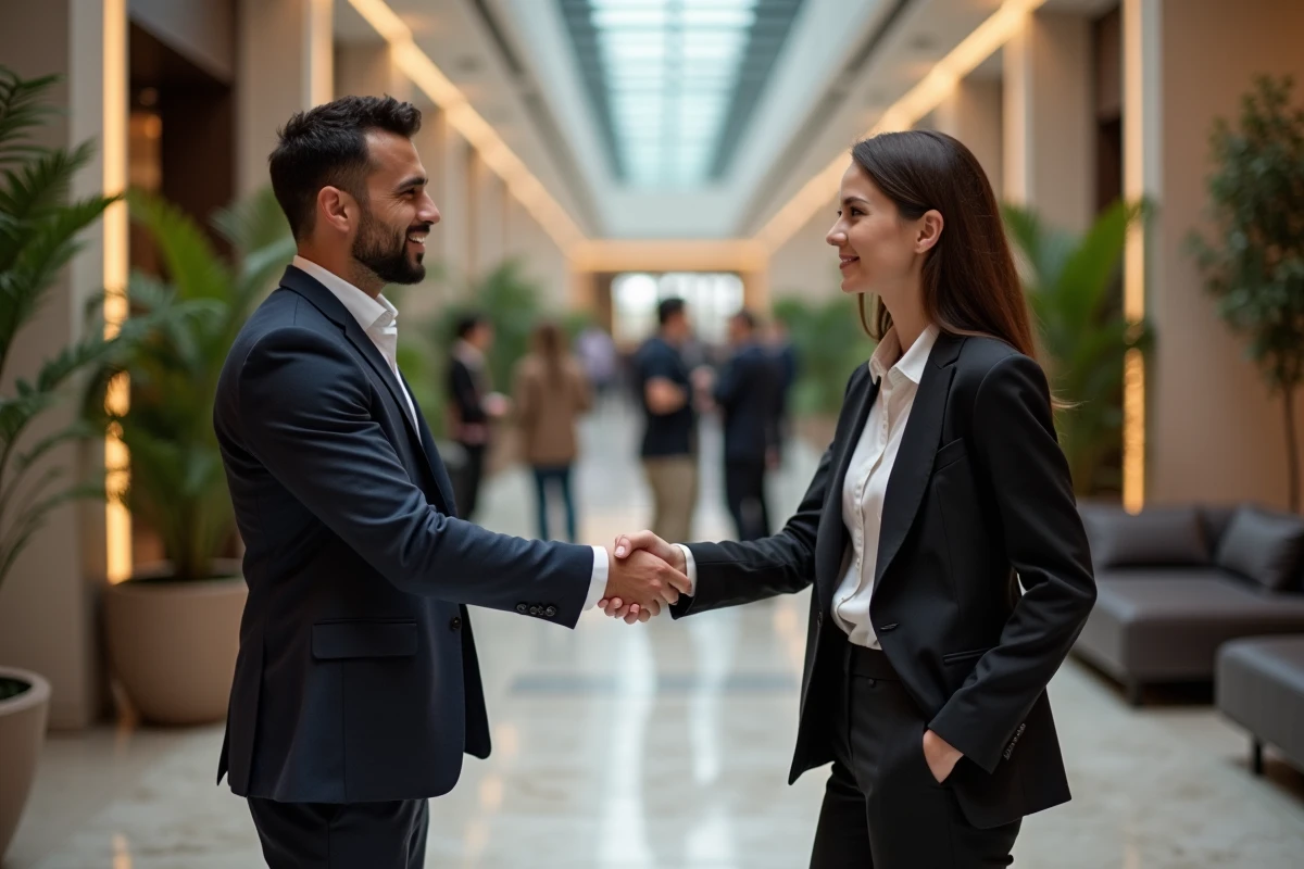 Deux professionnels échangeant une poignée de main lors d'un événement de networking B2B dans un lobby d'hôtel moderne