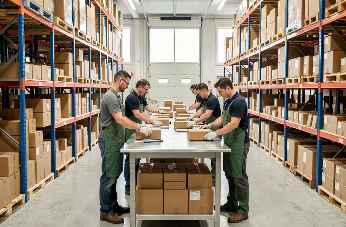 Préparation de colis dans un entrepôt par une équipe de salariés