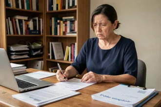 Femme préparant son dossier chômage après un licenciement pour faute grave à son bureau à domicile