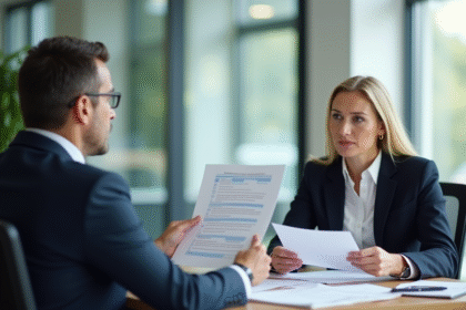 Employé confiant présentant des documents au médiateur
