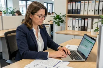 Femme cadre intermédiaire consultant des documents de classification PCS INSEE dans un bureau moderne